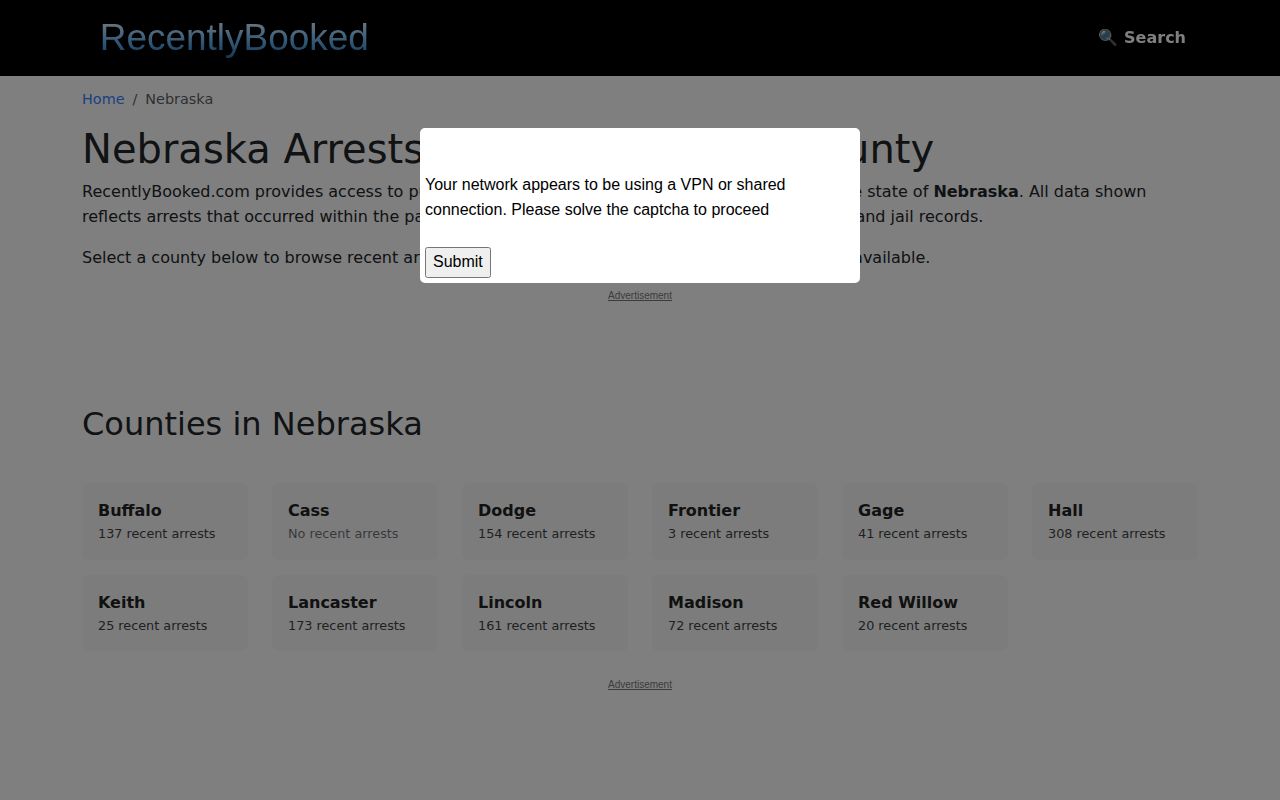 RecentlyBooked Nebraska secondary county-directory check