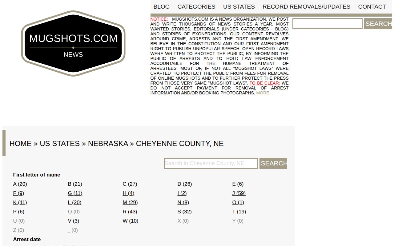 Mugshots.com Cheyenne County secondary directory source view