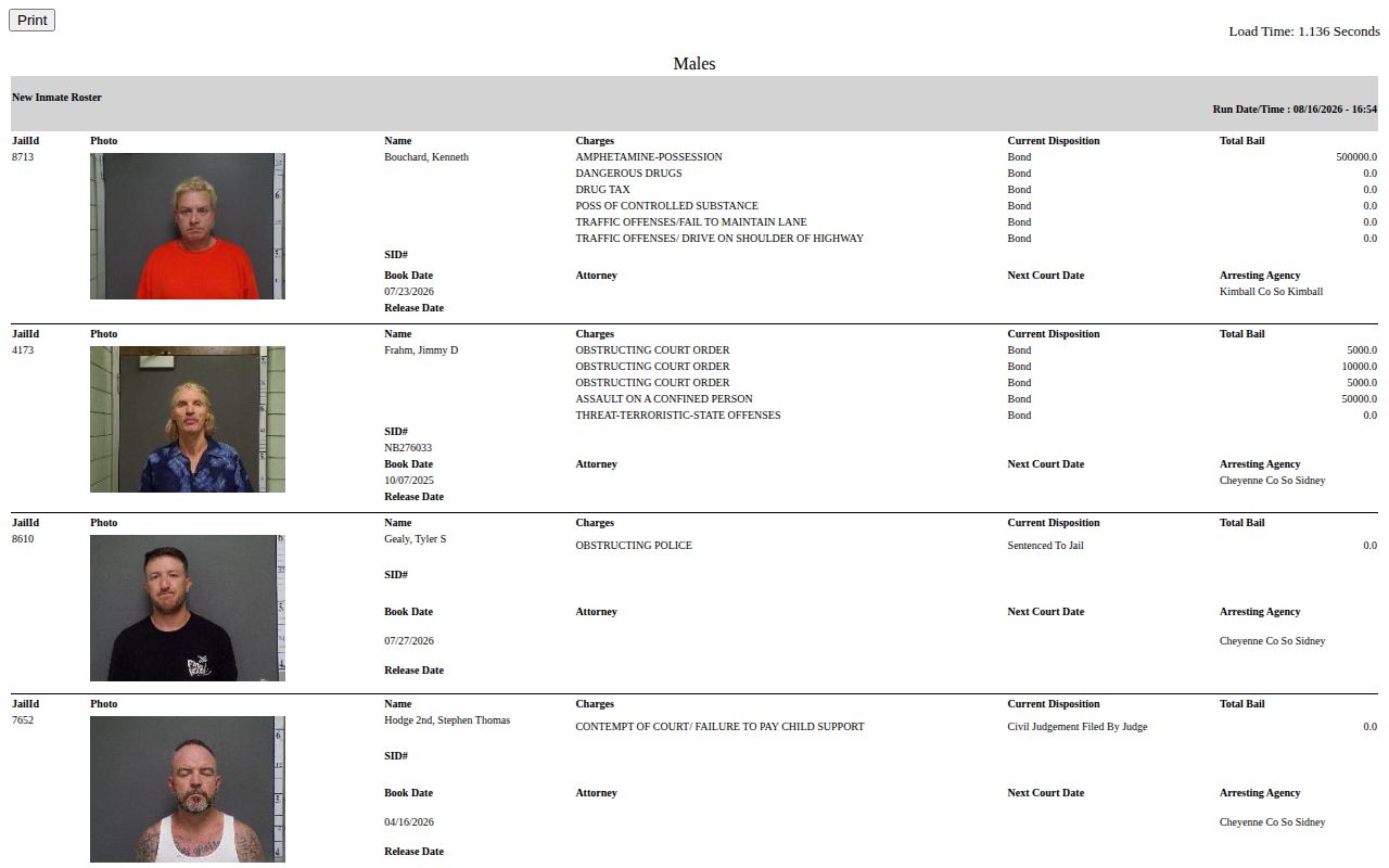 Cheyenne County current jail roster with booking record fields