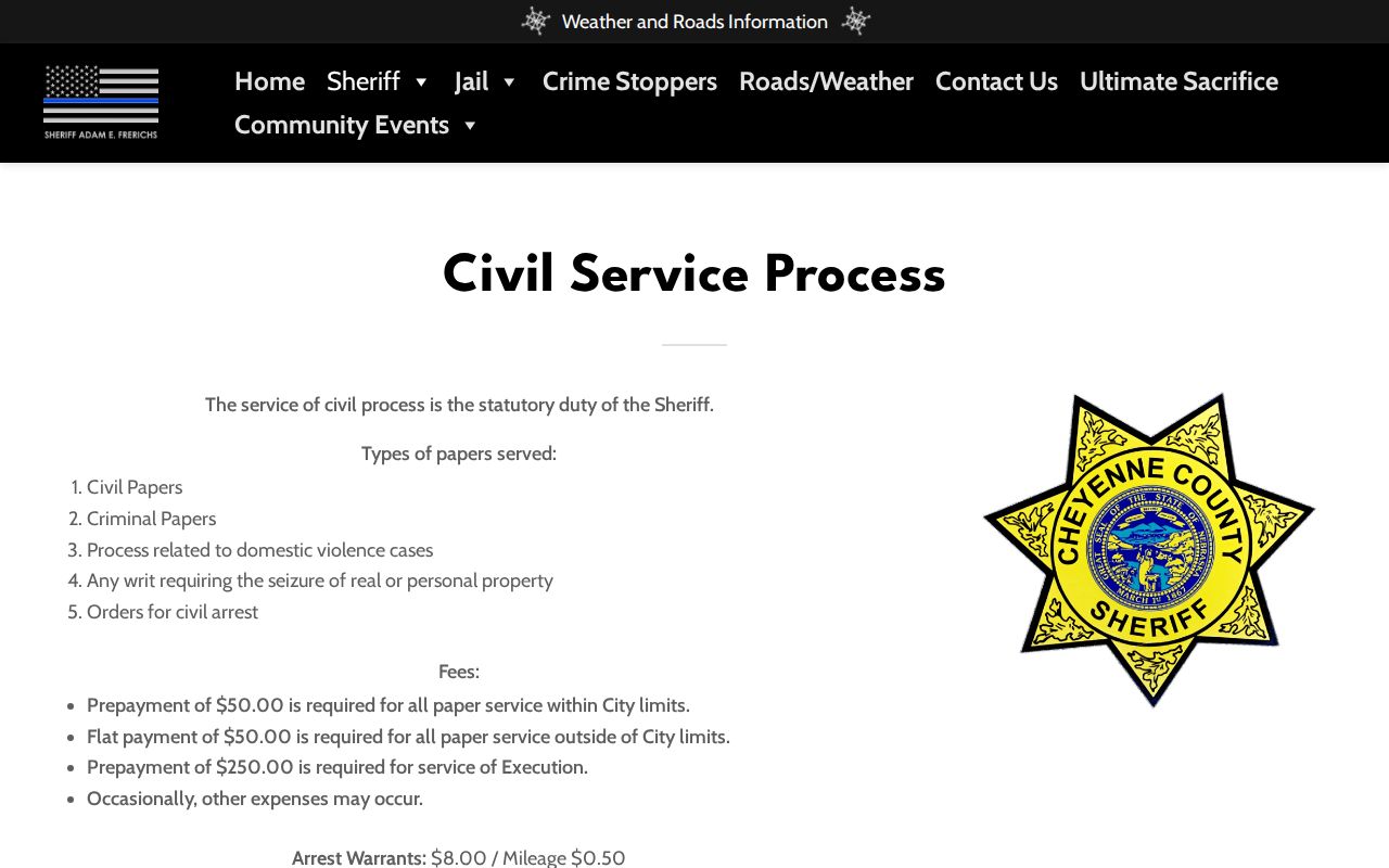 Cheyenne County Sheriff civil-service warrant information page